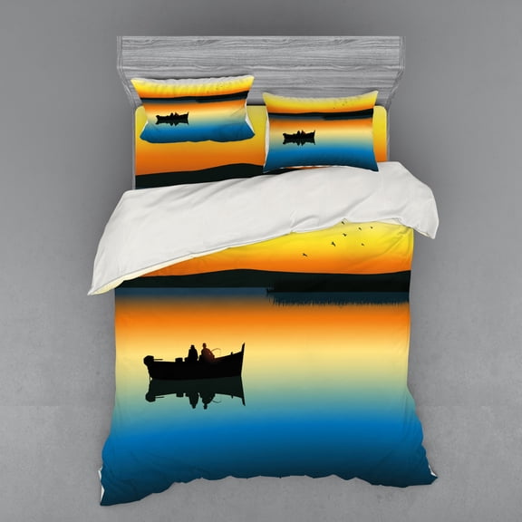 Ambesonne Nature Bedding Set 4 Pcs, Sunset at Lake Fishing, Queen, Orange Blue