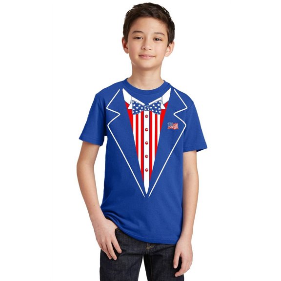 American Flag Bowtie Tuxedo 4th of July Youth T-shirt, Youth XL, Royal