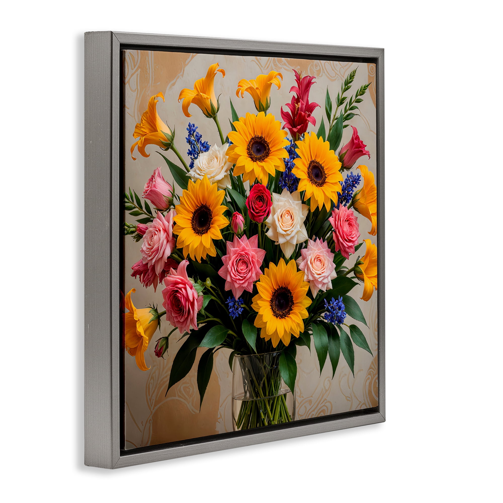 Stupell Industries Bold Sunflowers Mixed Bouquet Plants & Flowers Painting Gray Floater Framed Canvas Art Print Wall Art, 25 x 25