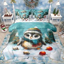 Manfei Cute Animal Penguin 7-Piece Twin Bedding Sets for Boys Girls,Xmas Tree Bedding Comforter Set,Happy Winter Christmas Breathable Sheet Sets,Lightweight Room Decor,Reversible