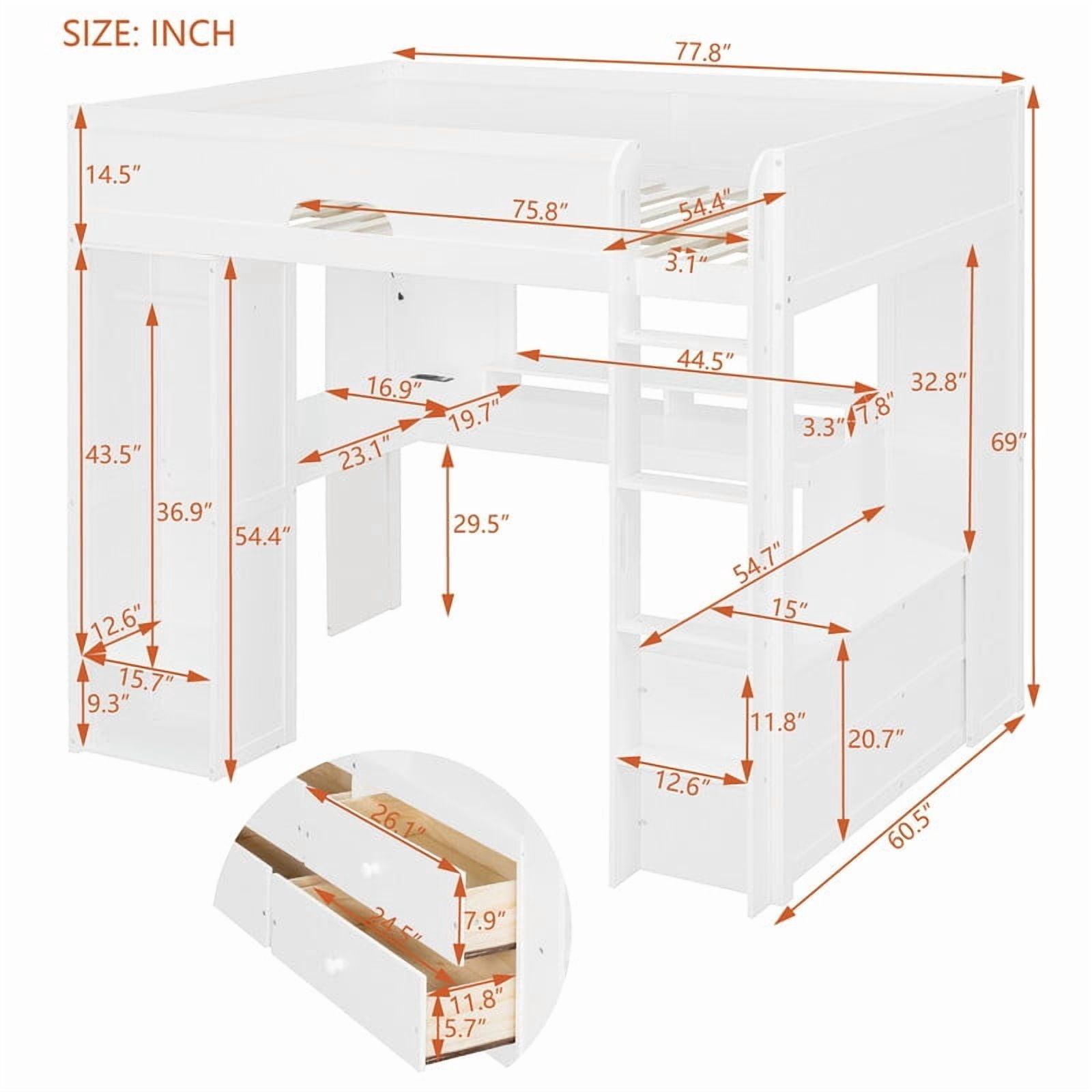 Full Versatile Loft Bed with L-Shaped Desk, LED Light Strip & Charging Station, Storage Kids Bed Frame with Drawers & Wardrobe