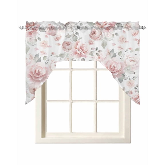 Pink Rose Swag Valances for Windows, Small Curtains Drapes, Modern Simple Romantic Flowers Floral Leaves Kitchen Window Curtains Over Sink Window Treatment Valance for Bedroom/Bathroom 56"x36"