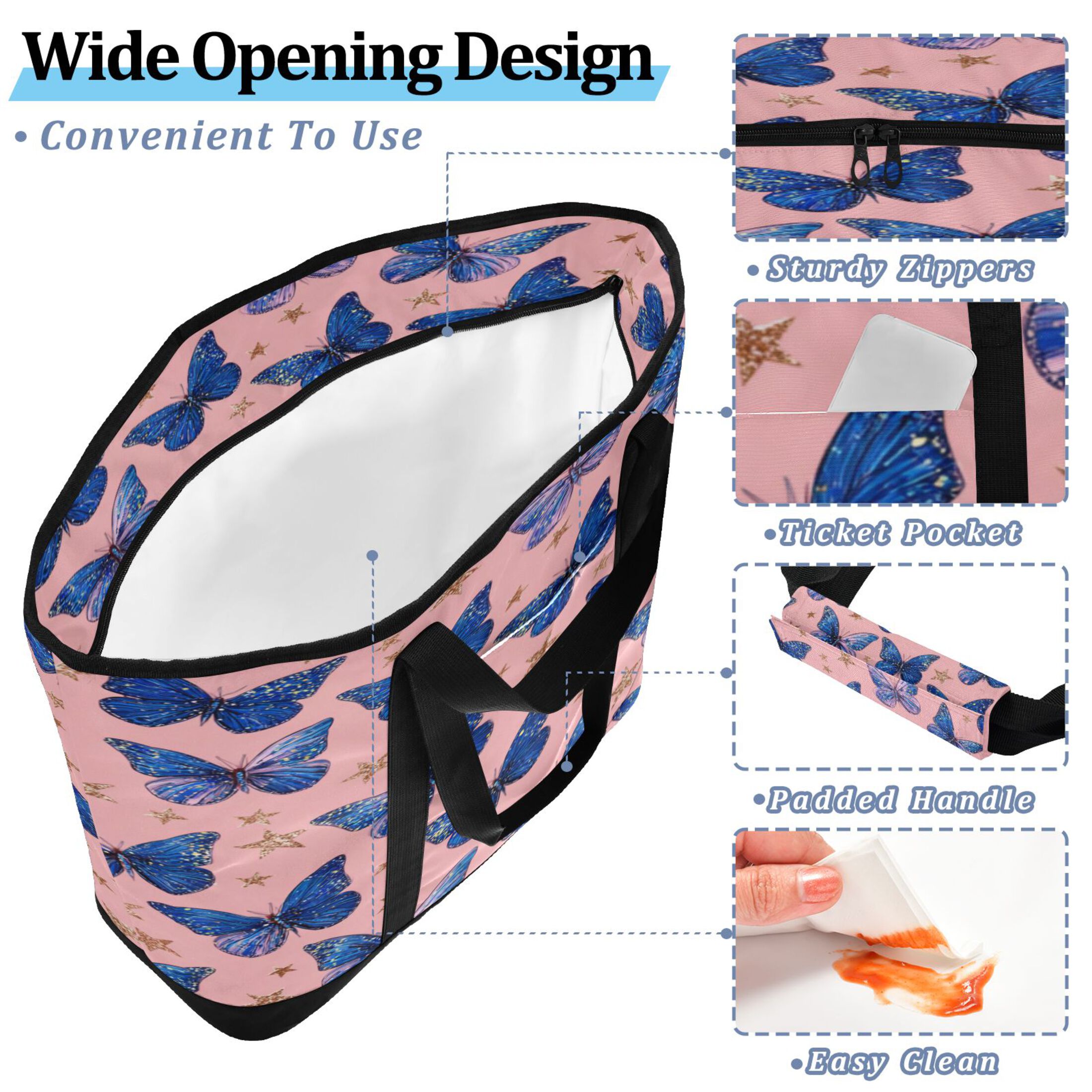 Extra-Large Wide Opening Design Capacity Hand-Held Ice Pack Thickened Insulation Layer For Long-Lasting Cold Retention For Outdoor Shopping Picnics And Camping Blue-purple Swallowtail Butterfly