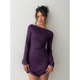 thumbnail image 3 of Purple Glitter Tie-Back Long Sleeve Fitted Mini Dress With Bell Sleeves For Women, 3 of 6