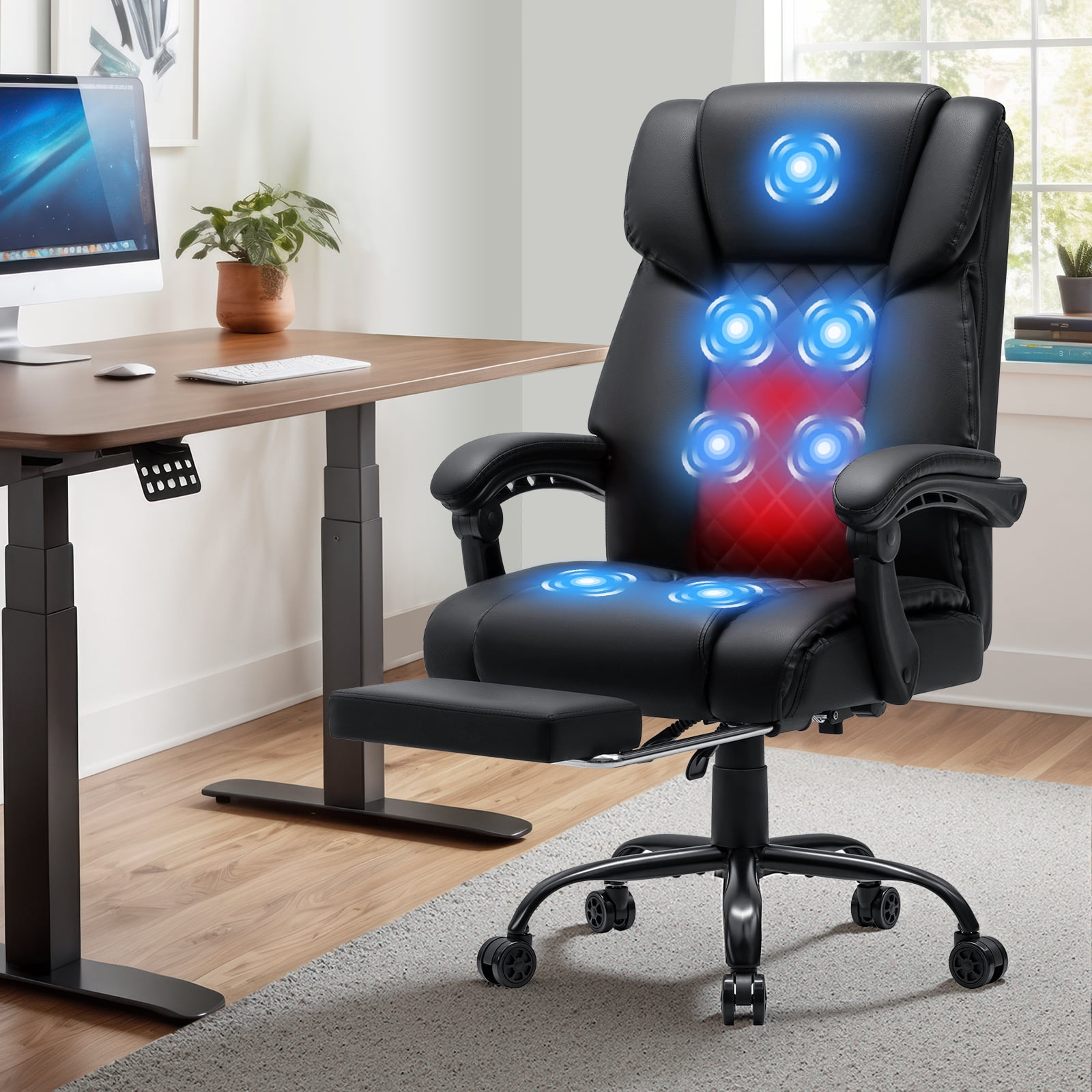 Hoffree Massage Office Chair 400LBS Executive Office Chair Massage and Footrest Big and Tall Office Chair with Heated Lumbar Support, Ergonomic Computer Desk Chair Reclining High Back Leather Office