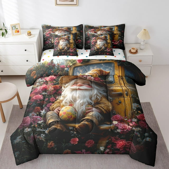 Natural Gnome Comforter Set Twin,Spring Easter Blooming Roses Flowers Bedding Set,Retro Yellow Truck Jungle Camping Bed Set 7 Pieces(Comforter+Fitted+Flat Sheet+Pillowcase+Pillow Cover)
