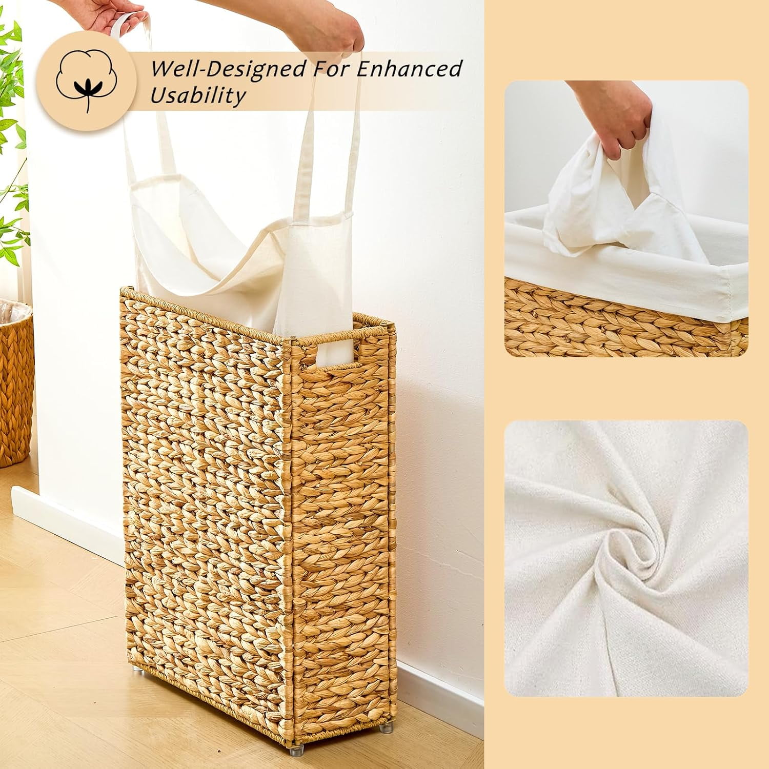 Casa Pura Furniture 55L Slim Handwoven Water Hyacinth Laundry Hamper, Narrow Wicker Laundry Basket with Handles, Removable Liner & 2 Mesh Bags
