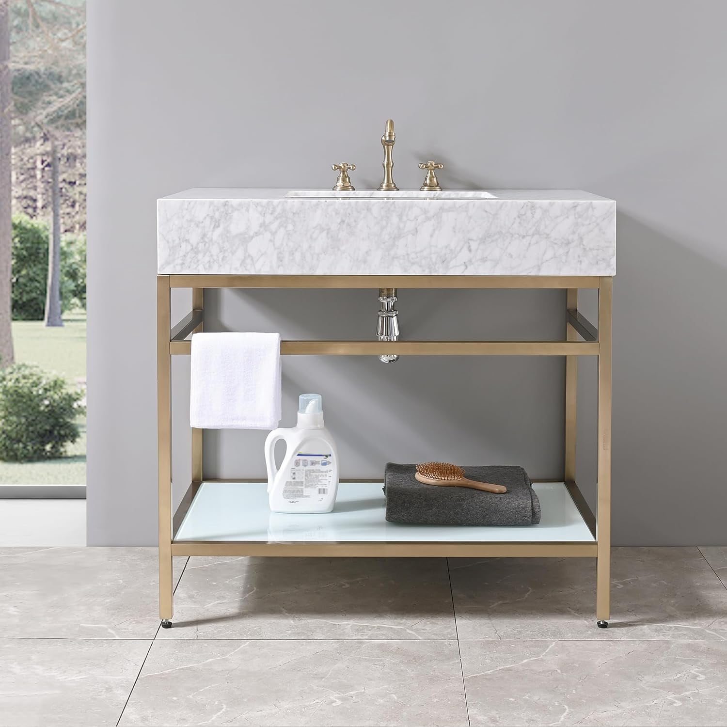 GGISHA 36"x 21"Freestanding Bathroom Vanity with Sink,Carrara Marble,Golden Frame for Laundry Room,Utility Room