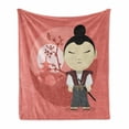 thumbnail image 1 of Samurai Soft Flannel Fleece Blanket, Funny Cartoon Style Composition with Oriental Buildings and Sakura Trees Background, Cozy Plush for Indoor and Outdoor Use, 60" x 80", Multicolor, by Ambesonne, 1 of 6
