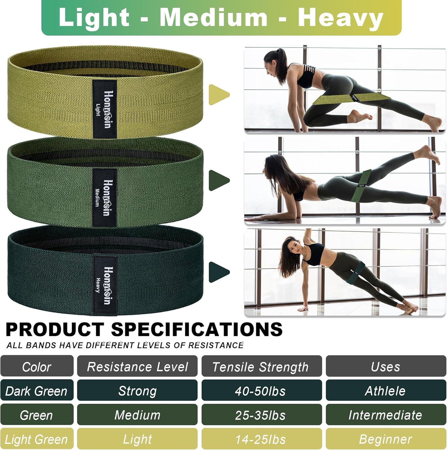 JJEAN-Resistance Bands for Working Out, 3 Levels Exercise Bands Workout Bands Set for Women Men, Hip Legs Booty Bands for Home Fitness, Gym, Yoga, Pilates