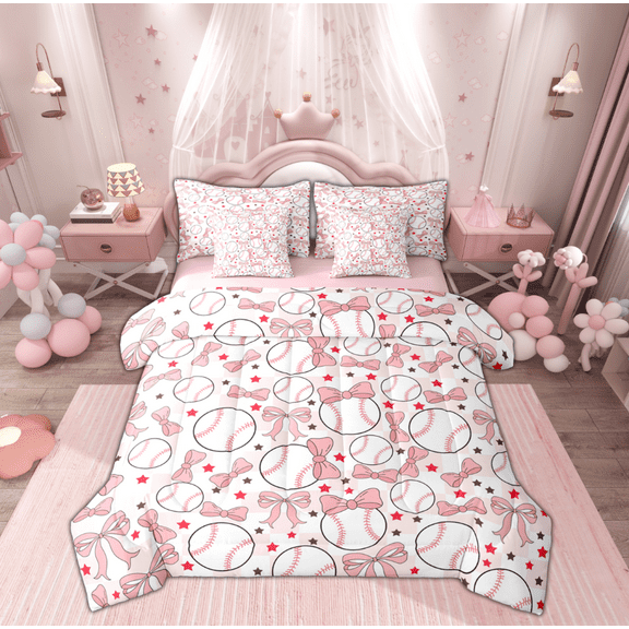 Manfei Teens Cartoon Baseball Twin Bedding Sets 7-Piece, Kawaii Stars Bowknot Bedding Comforter Set, Pink White Buffalo Reversible Sheet Sets, Breathable Home Decor