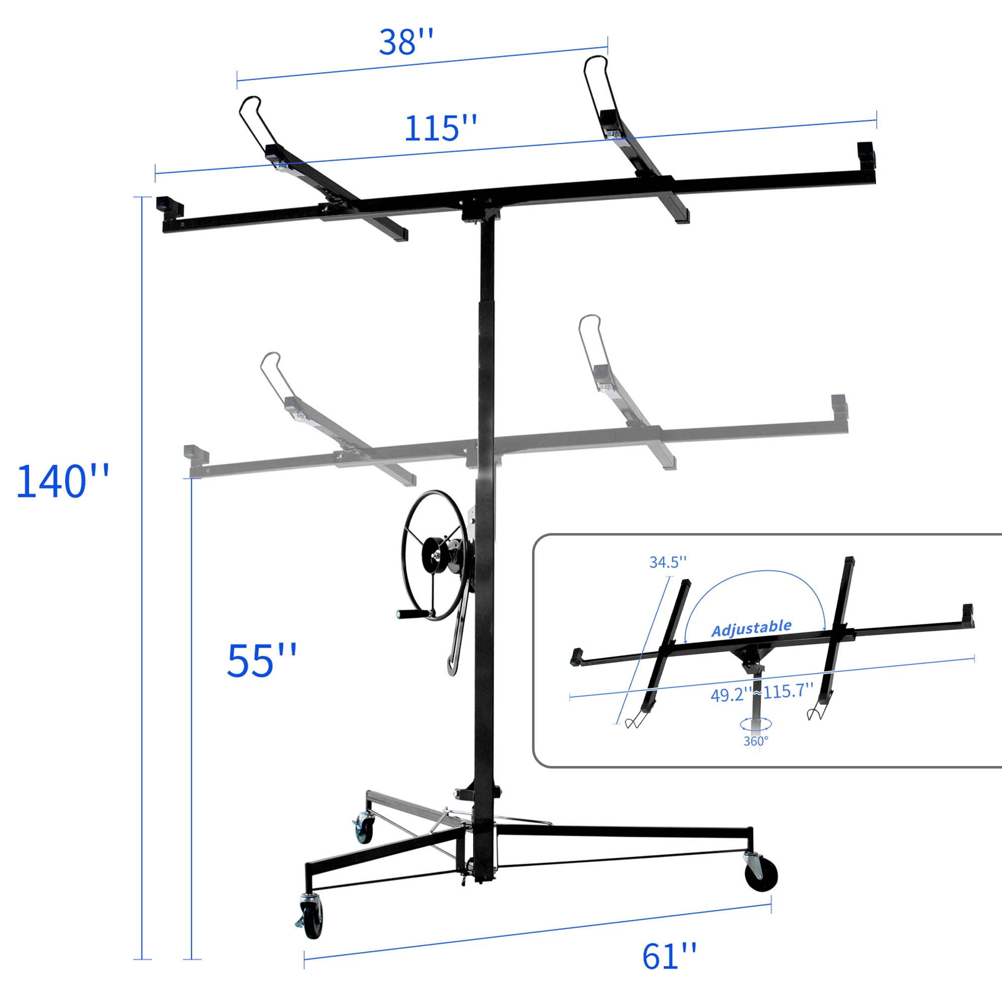 Aukfa 11ft Drywall Lift Rolling Panel Lifter Jack Rolling Caster Wheel Drywall Lift - Black