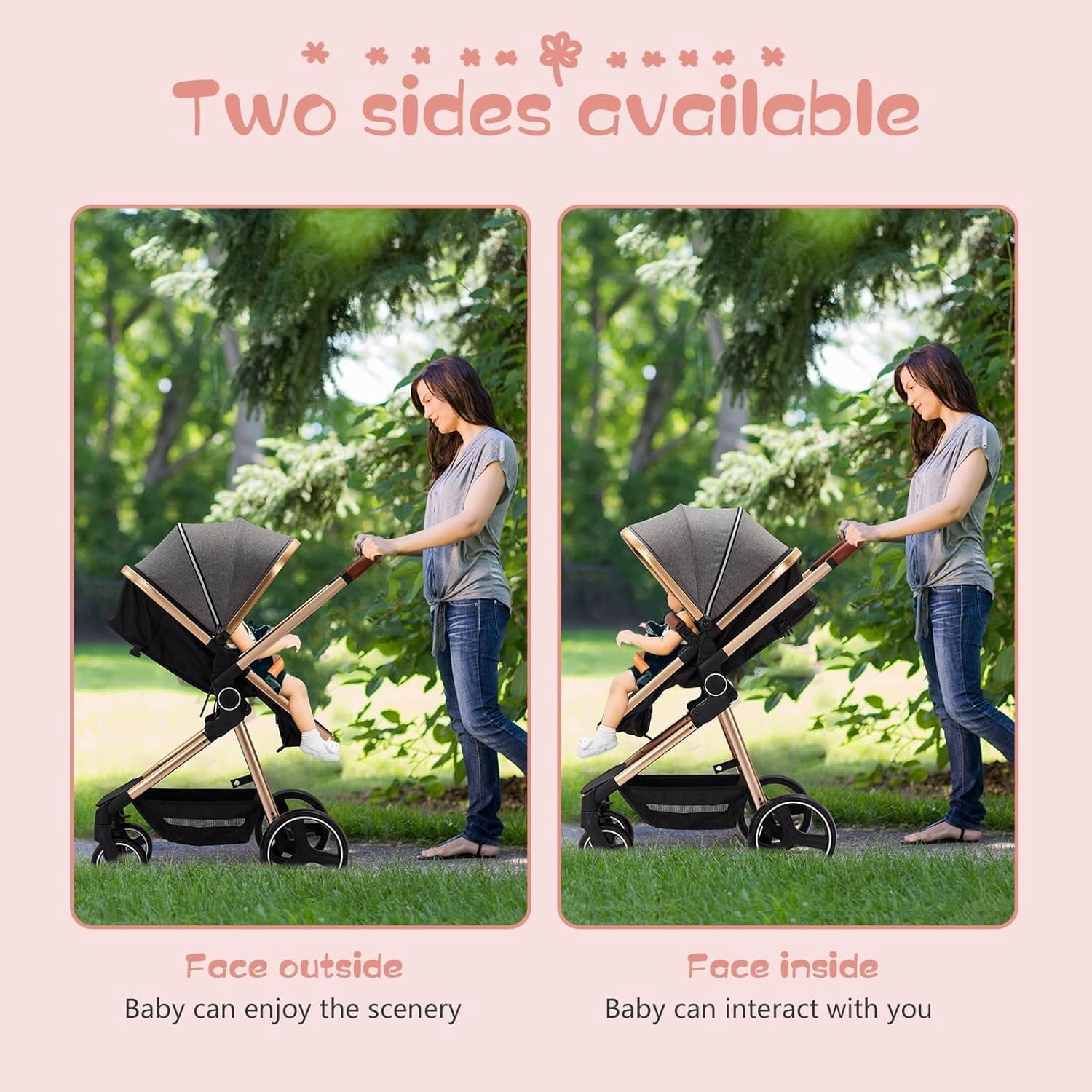 TROPOW Stroller for Newborn, Convertible Baby Pram with Reversible Seat and One-Hand Fold, High Landscape Toddler Infant Pushchair with Storage Basket, Adjustable Footrest & Canopy,Gray
