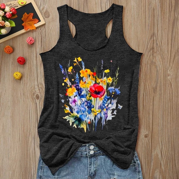 Wang6 Women Plus Size Loose Fit Tank Tops Causal Floral Printed Sleeveless Summer Tops Crew Neck Racerback Workout Shirts Graphic Tees X_Dark Gray XL