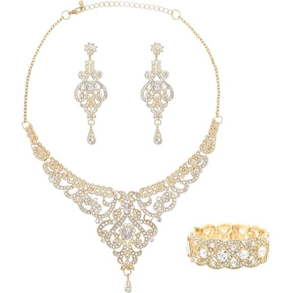 Crystal Wedding Jewelry Set Necklace Earring Set For Women and Brides Rose Gold and Gold Bridal Statement Jewelry sets
