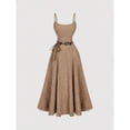 thumbnail image 2 of Brown Womens A-Line Lace Dress With Belt, Western Bohemian Style, Sleeveless, Maxi Length, 2 of 5