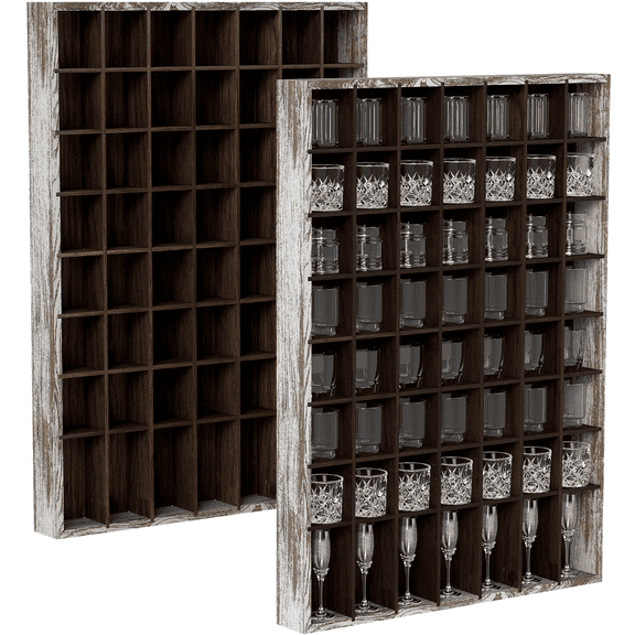 Ymokee 2 PCS Shot Glass Display Case, 56 Slots Wood Wall-mounted Curio & Shot Glass Holder for Home & Bar Decor