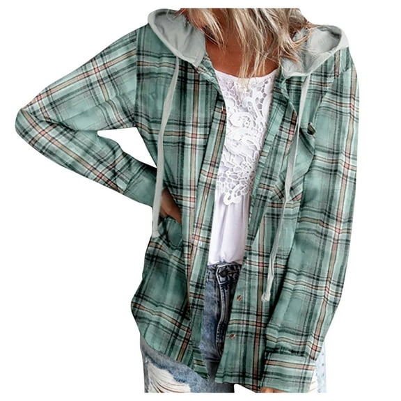 zaveiop Women Plaid Hooded Shirt Drawstring Flannel Sweatshirt Hoodie Jacket Casual Button Down Blouse Tops with Pocket (Green, M)