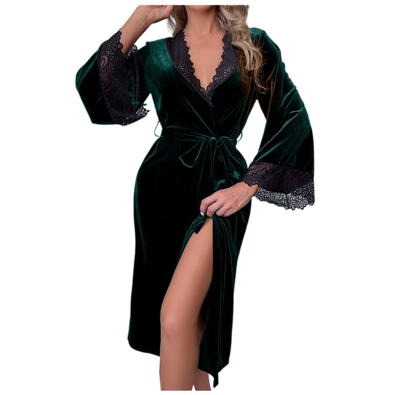 SMihono Long Robes for Women Trendy Lace Trims Ice Feeling Soft Spa Bathrobe Casual Solid Color Baggy Fit Sleepwear Nightgown Green M
