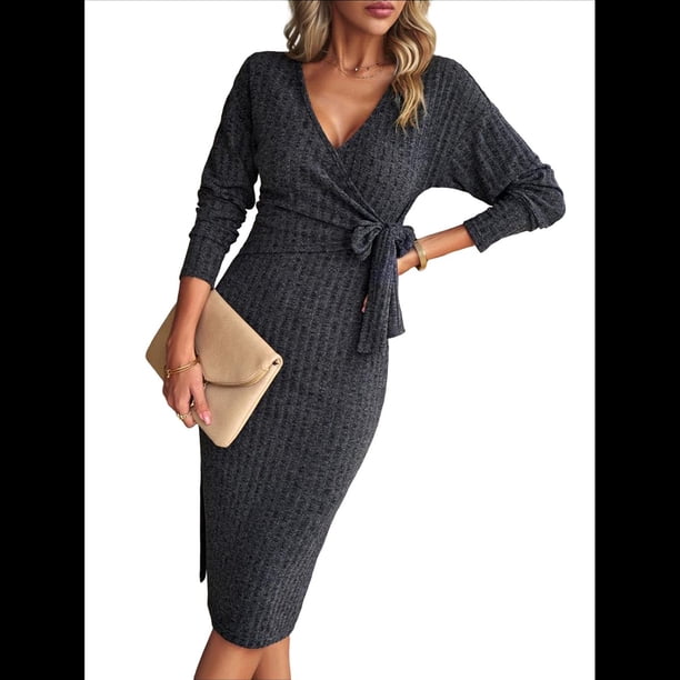 Vestido de Suéter de Larga para Mujer, Vestido Ajustado con Abertura Lateral, Otoño, Midi, , Escote en V Profundo, Ajustado, Gris Oscuro L