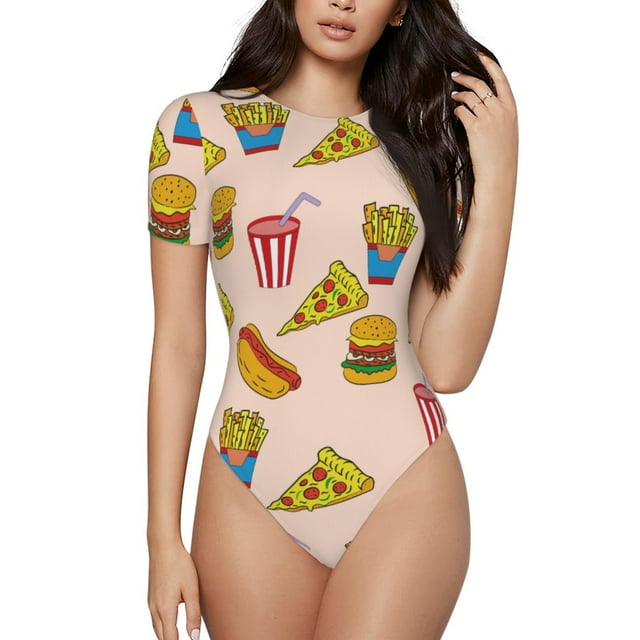 Bingfone Motif Pizza Hamburger Justaucorps à Col Rond pour Femmes, Justaucorps à Manches Courtes à Boutons-Pression, Adapté pour Fête, Sports, Usage Quotidien-Moyen