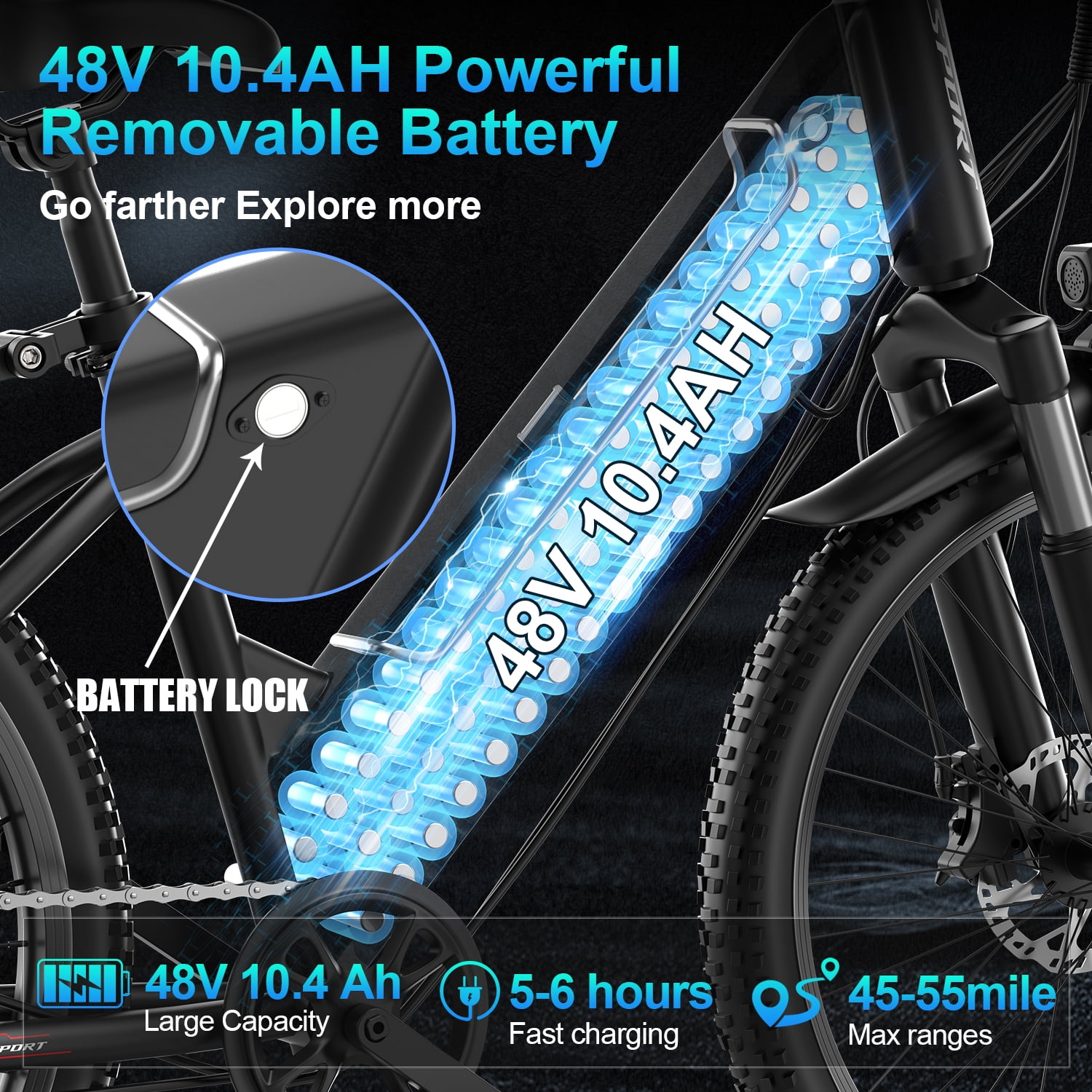 ASKGO F26 Electric Bike for Adults, 26" Mountain E Bike with 7 Speed Gear, Speed 22mph 55Miles Rang, 48V 10.4Ah Removable Battery, UL 2849 Certification