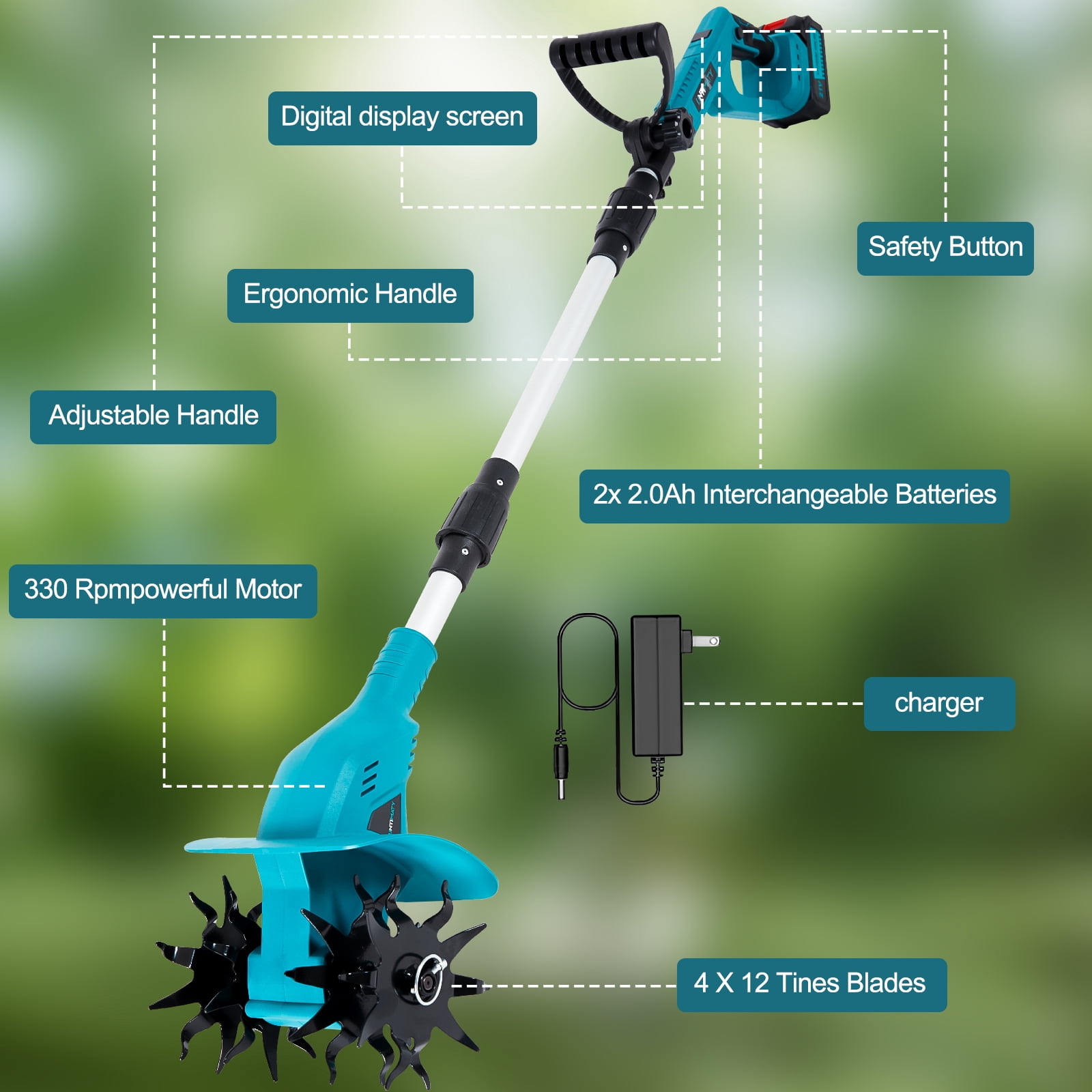 Lznioz Cordless Tiller Cultivator, 21V Electric Garden Tiller with Dual 4.0Ah Batteries, Lightweight Rototiller for Garden Lawn Yard Soil Cultivating