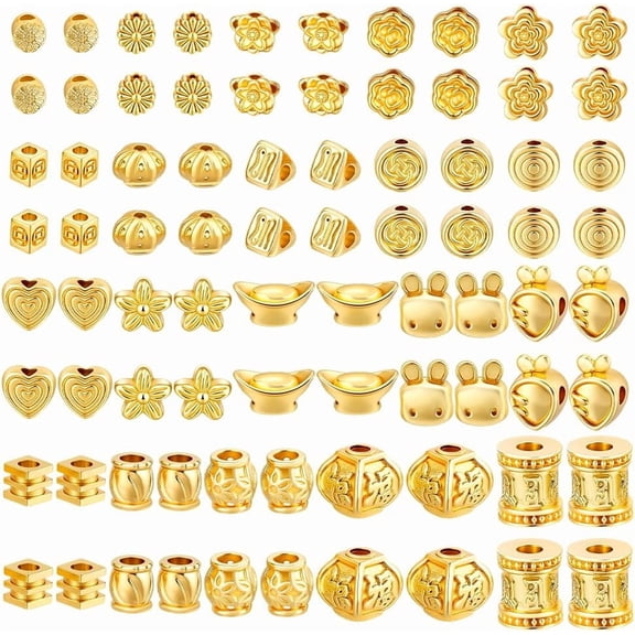 18k Gold Plated Spacer Beads 100pcs 20 Styles Gold Bracelet Beads Set Cute Flower Heart Cube Spacers Golen Craft Bead for Bracelets Necklace Jewelry Making DIY Crafts 3~8mm