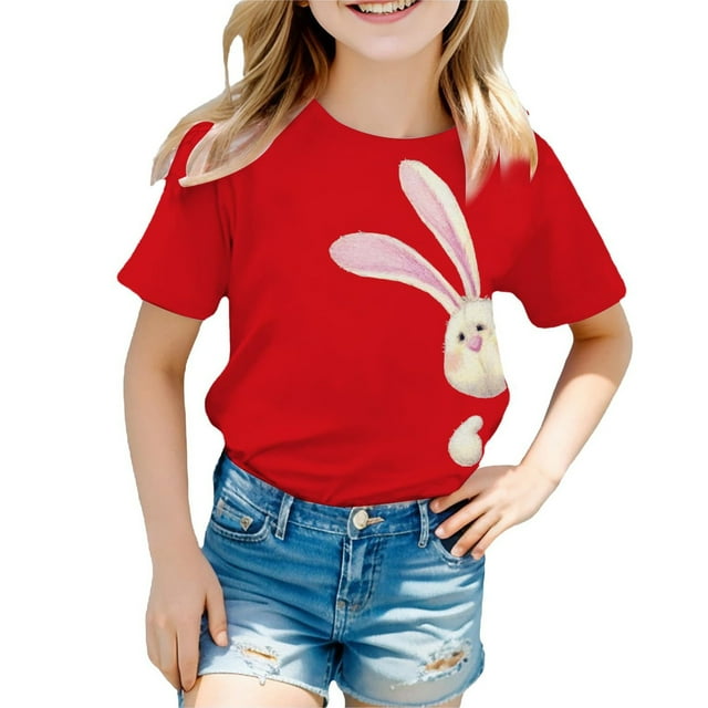 Rhuody T-Shirts de Pâques pour Fille, T-Shirt à Col Rond, Hauts à Manches Courtes, T-Shirts Graphiques avec Lapin, Jolie Combinaison 12-13 Ans Rouge