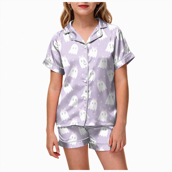Zuwimk Halloween Pajamas Girls Cute Funny Print Pjs Sets Short Sleeve Button Down Shirts and Shorts Sleepwear,Y042-Light Purple