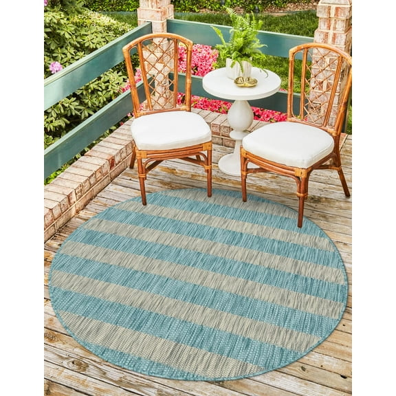 Unique Loom Outdoor Striped Collection Area Rug - Distressed Stripe (4' Round Light Aqua/Gray)
