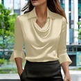 thumbnail image 2 of Womens Long Sleeve Yops 3/4 Sleeve Cowl Neck Satin Elegant Work Blouse Tops Summer Tops, 2 of 6
