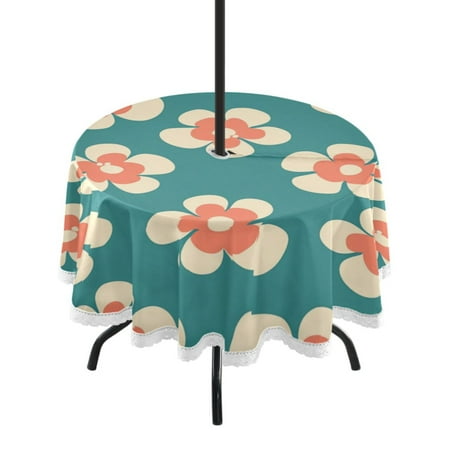 

60 Outdoor Round Tablecloth with Umbrella Hole & White Lace Trim Waterproof Patio Table Cover for Garden Kitchen Dining Peach Color Flowers