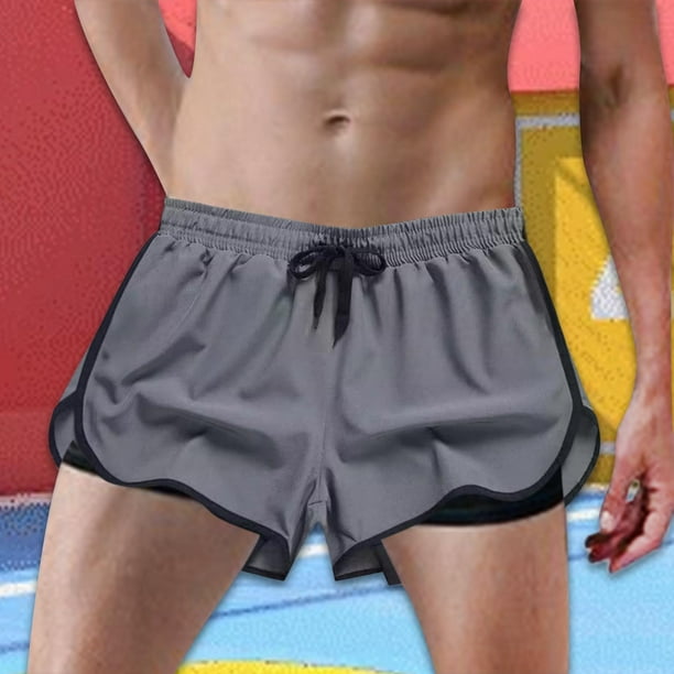 Pantalones cortos de entrenamiento para hombre, de doble capa, con cordón ajustable para verano, para hacer ejercicio Gris