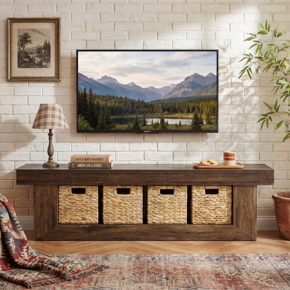 Fnova 63" TV Stand with 2-Tier Open Storage, Fits Up to 65" TVs for Living Room Bedroom