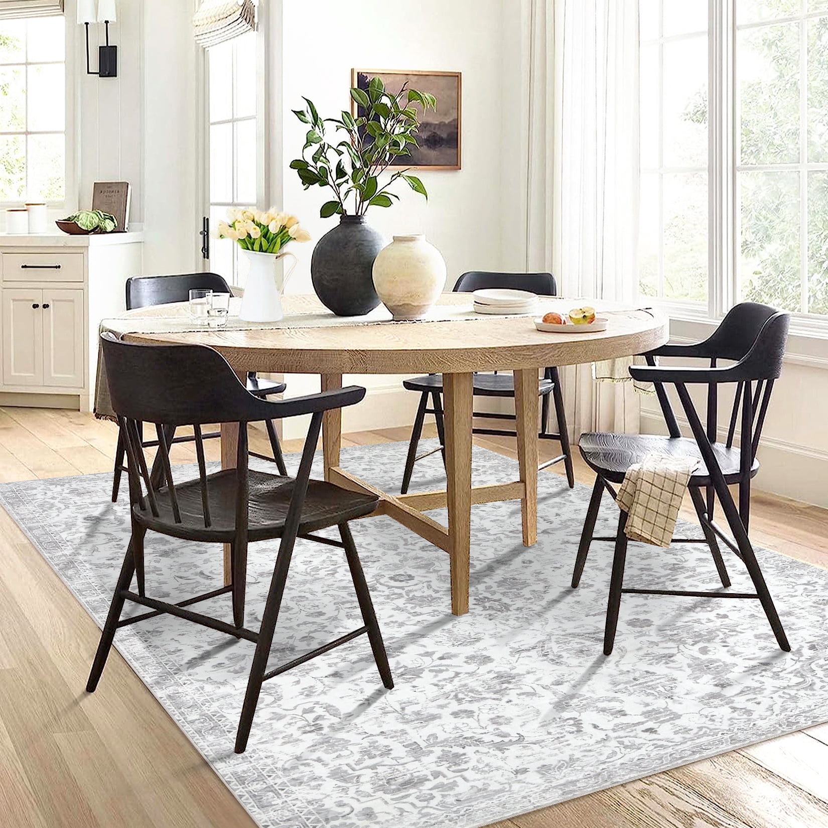 HOMERRY 9' x 12' Area Rug for Living Room Washable Bedroom Vintage Floral Carpet for Floor Decoration, Gray