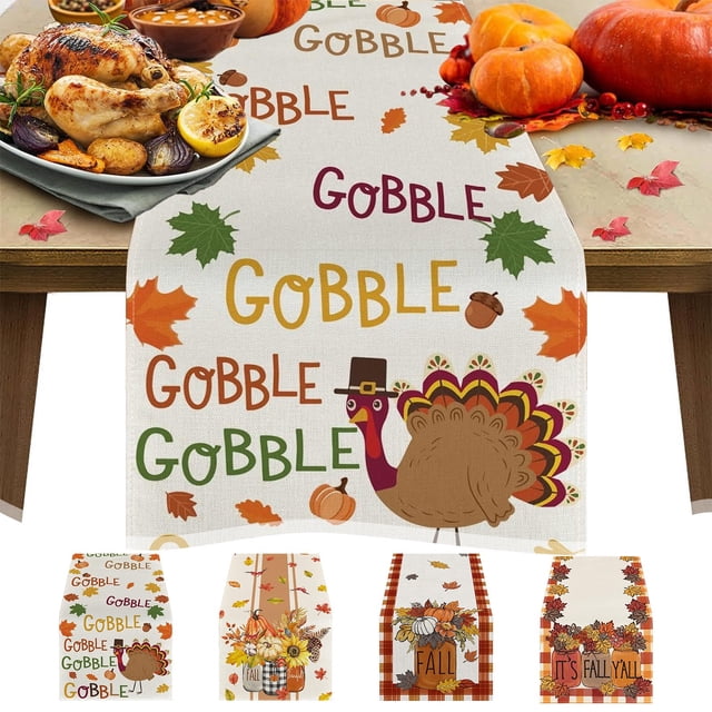 Mantel Individual con Estampado de Calabaza, Pavo y Hojas de Arce para Acción de Gracias | 183 Cm | Tela de Poliéster | Decoración para Fiestas Navideñas
