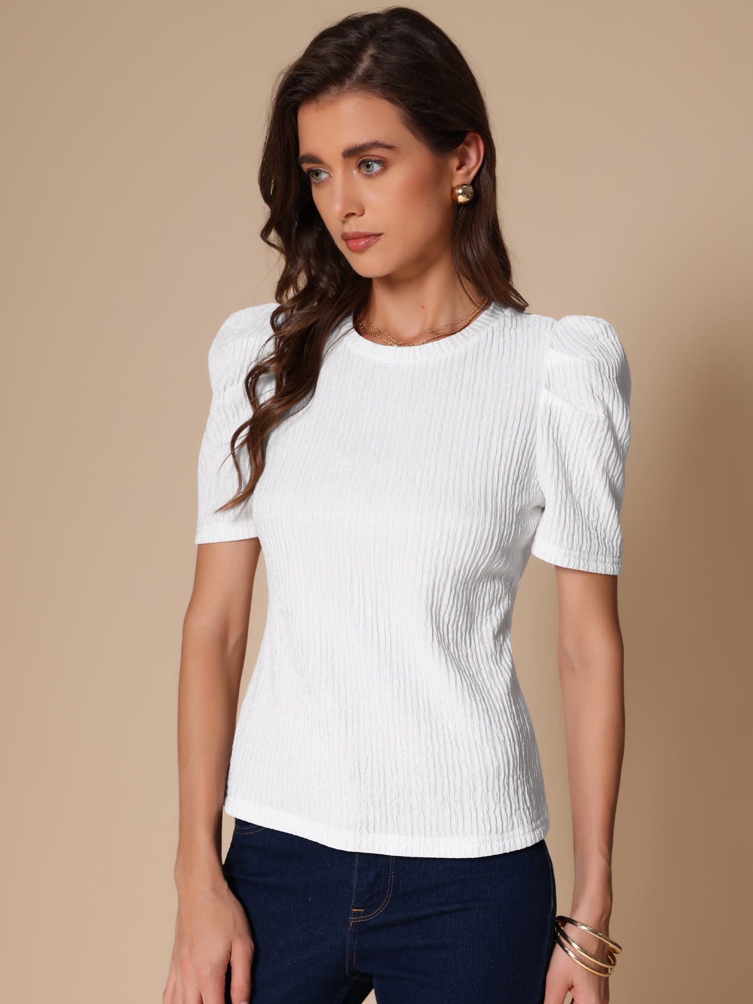 DARING DIVA Women's Casual Short Sleeves Blouses L White