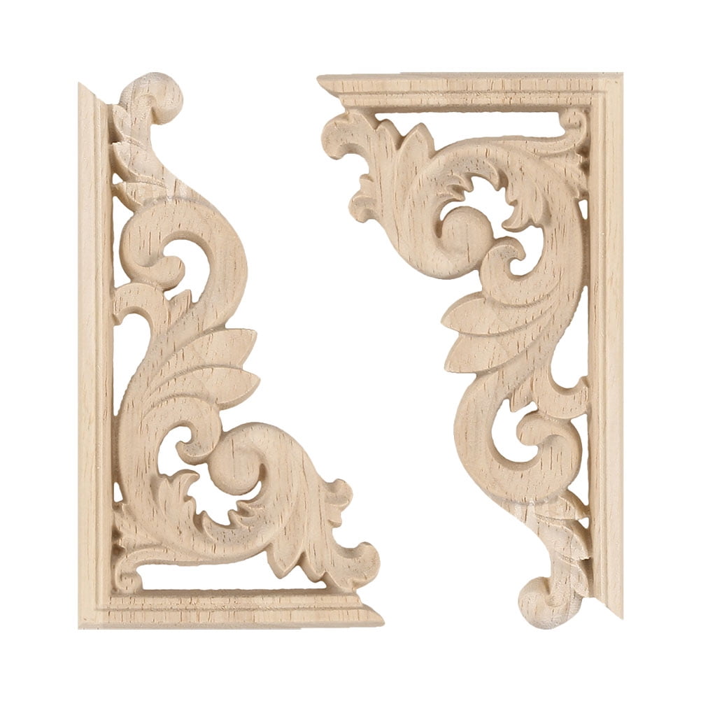 Pair Of Carved Wooden Flower Corner Appliques - Oak Style, Unbranded, For Furniture & Decor