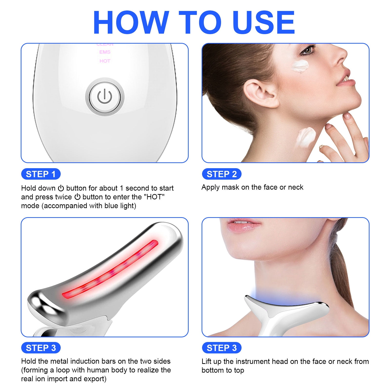 Neck Beauty Device,Face Neck Massager for Warming Lift,Skin Rejuvenation and Firming Lines,Clean/EMS/Heat/Sonic-Vibration Functions (White)