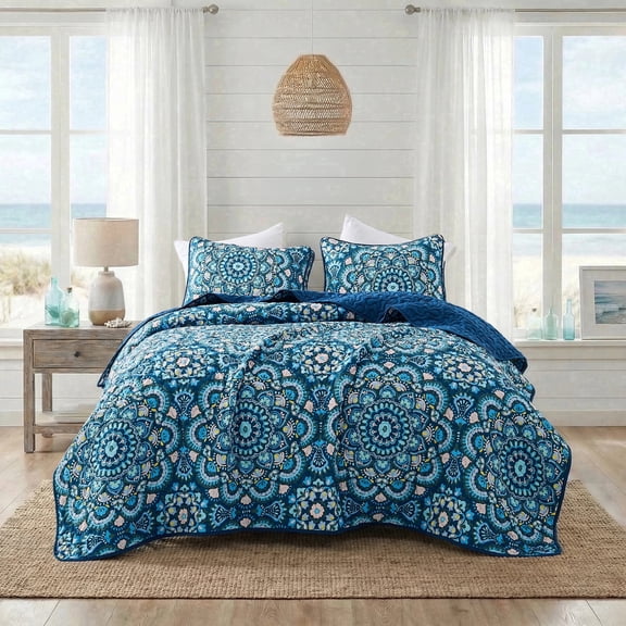 Regency Heights Full/Queen Quilt Set, 3-Piece Reversible Bedspread Coverlet Set, Navy Blue Quilted Bedding Set with Shams for All Season