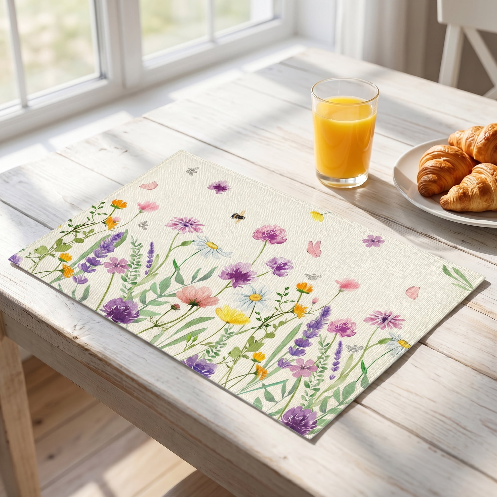 Unique Bargains Durable Farmhouse Placemats Set of 6 Linen Placemats Flowers C 18*12in