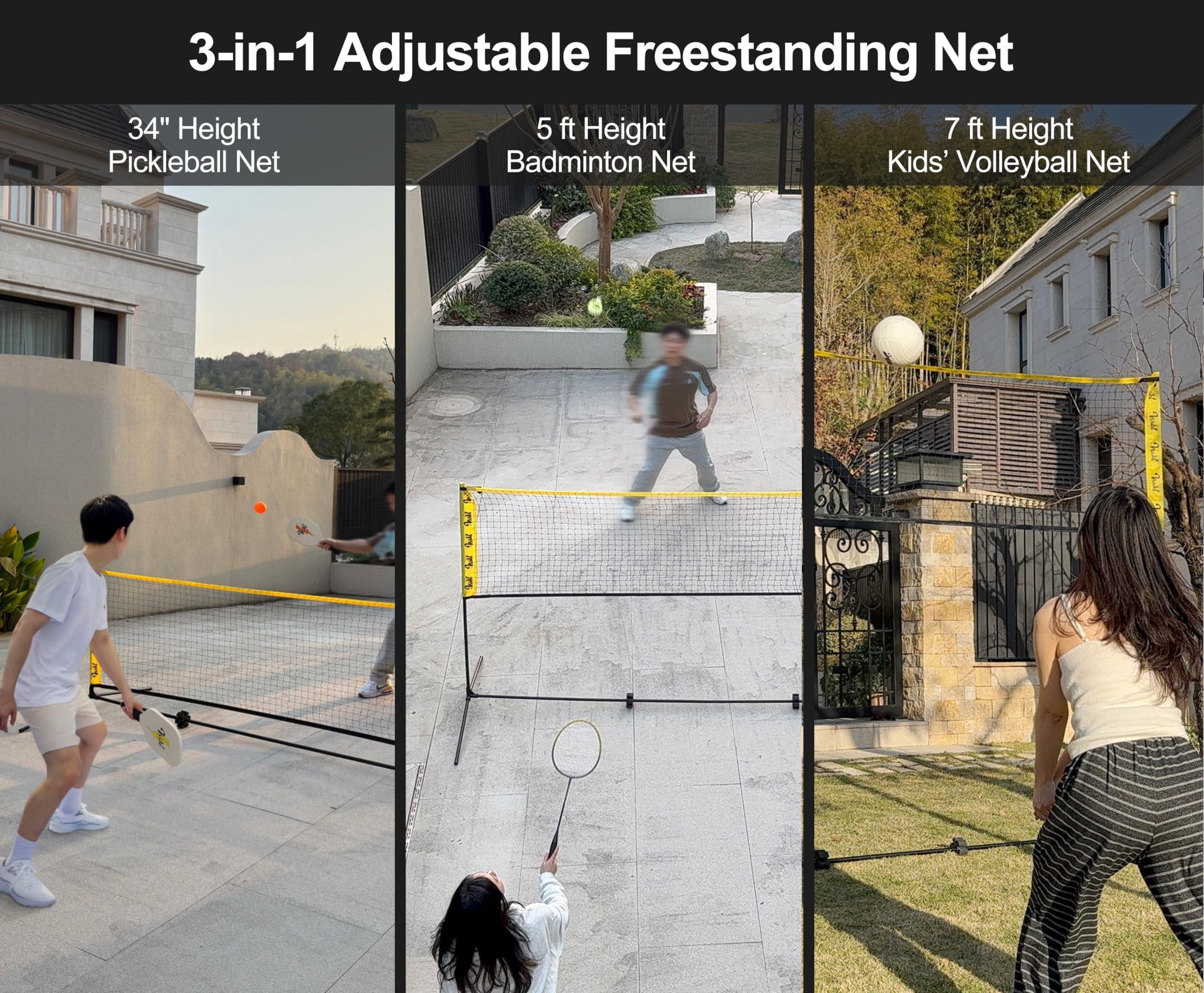 3-in-1 Portable Badminton  Volleyball & Pickleball Net Set For Adults Adjustable Height 34"-7 Ft Backyards Or Beach Outdoor Sports Combo With Carry Bag Rackets Paddles Balls