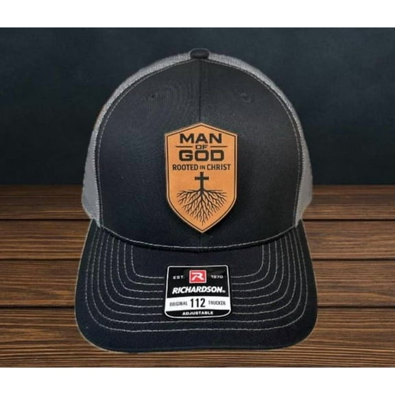 Christian Men’s Hat – Custom Leather Patch Hat – Man of God - Rooted - Richardson 112 – Faith Apparel - Scripture - Bible Verse - Men's Gift