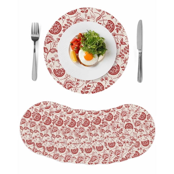Round Woven Placemats set of 8, Red Chinoiserie Floral Washable&Heat Resistant Plastic Wipeable Placemats for Round Table Vintage Farmhouse Cottagecore Kitchen Dining Table Decor, 15in,