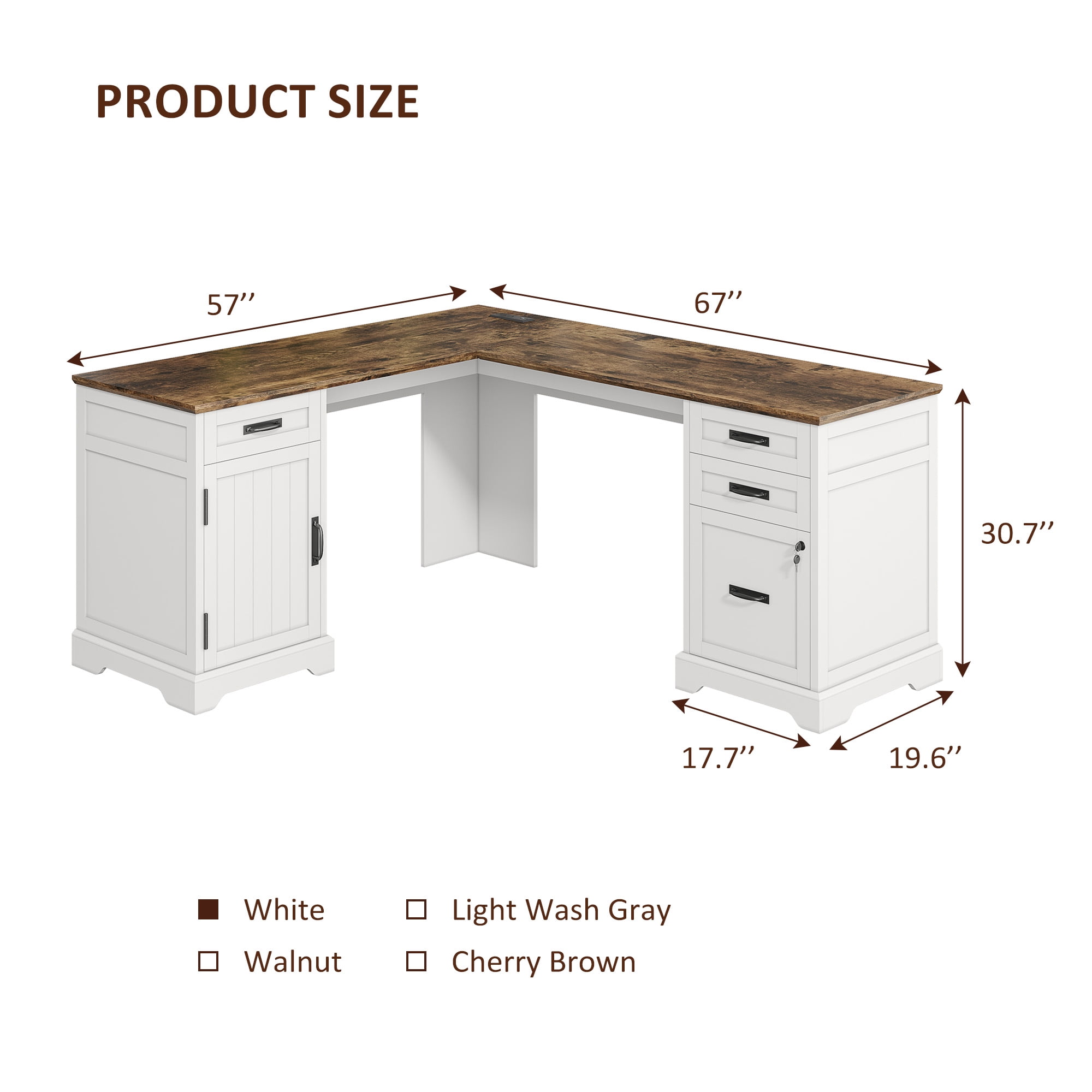 67'' Farmhouse L Shape Desk with File Drawers and Charging Station for Home Office, White