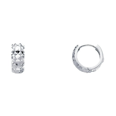 14k White Gold Tiny Round Diamond Cut Huggies Small Design Polished Hoop Earrings Genuine 7mm x 5mm