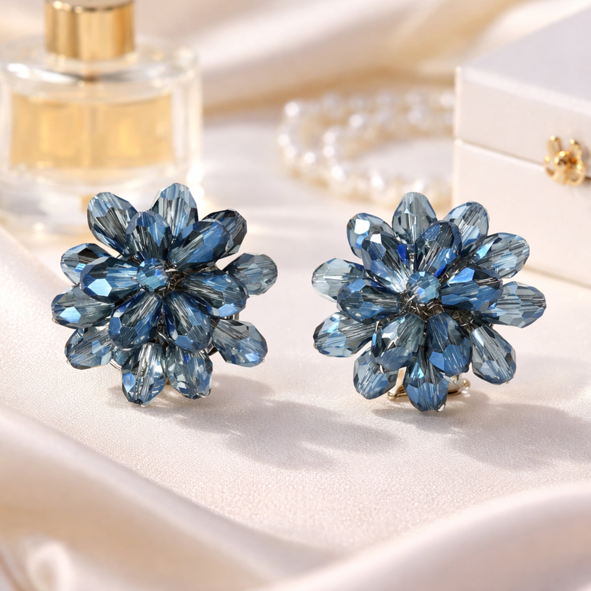 Dazzling Deep Blue Chrysanthemum Crystal Clip On Earrings
