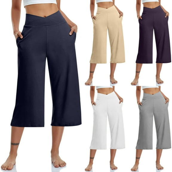 sovlvnd on Clearance Women Plus Size Color High Waist Pocket Sports Fitness Yoga Wide Leg Fashionable Soft Versatile Capris Pants