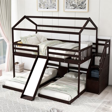 Triple House Bunk Bed with Slide and Stairs  Full Over Twin & Twin Bunk Bed for 3  Wood Bunk Bed Frame with Storage Staircase and Built-in Drawer for Kids Teens  Espresso